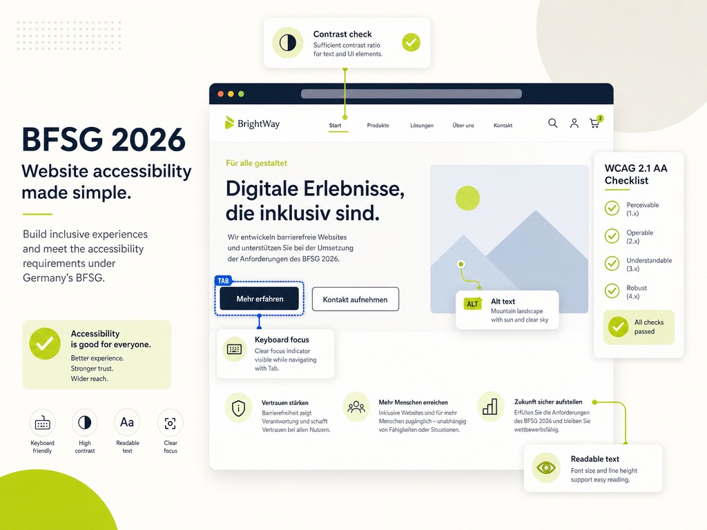 Ein Praxis-Check zum BFSG 2026: Wer betroffen ist und wie eine barrierefreie Website in der Praxis aussieht.