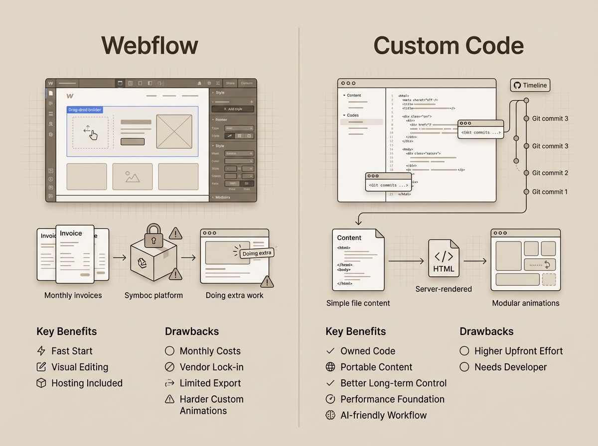Webflow oder Custom Code – ein Vergleich zweier grundlegend verschiedener Ansätze für Unternehmenswebsites.